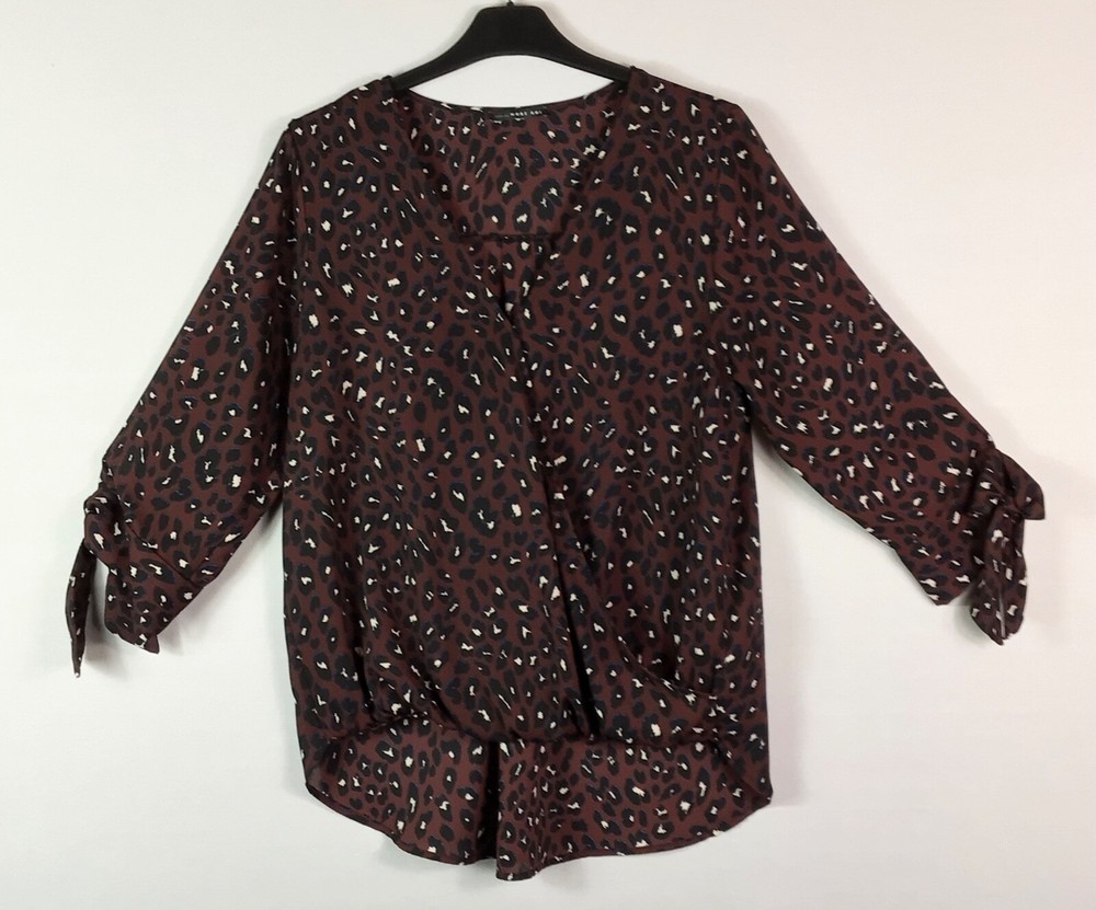 West Kei Blouse Womens Med Purple Animal Print V-Neck Wrap 3/4 Tie Sleeves USA