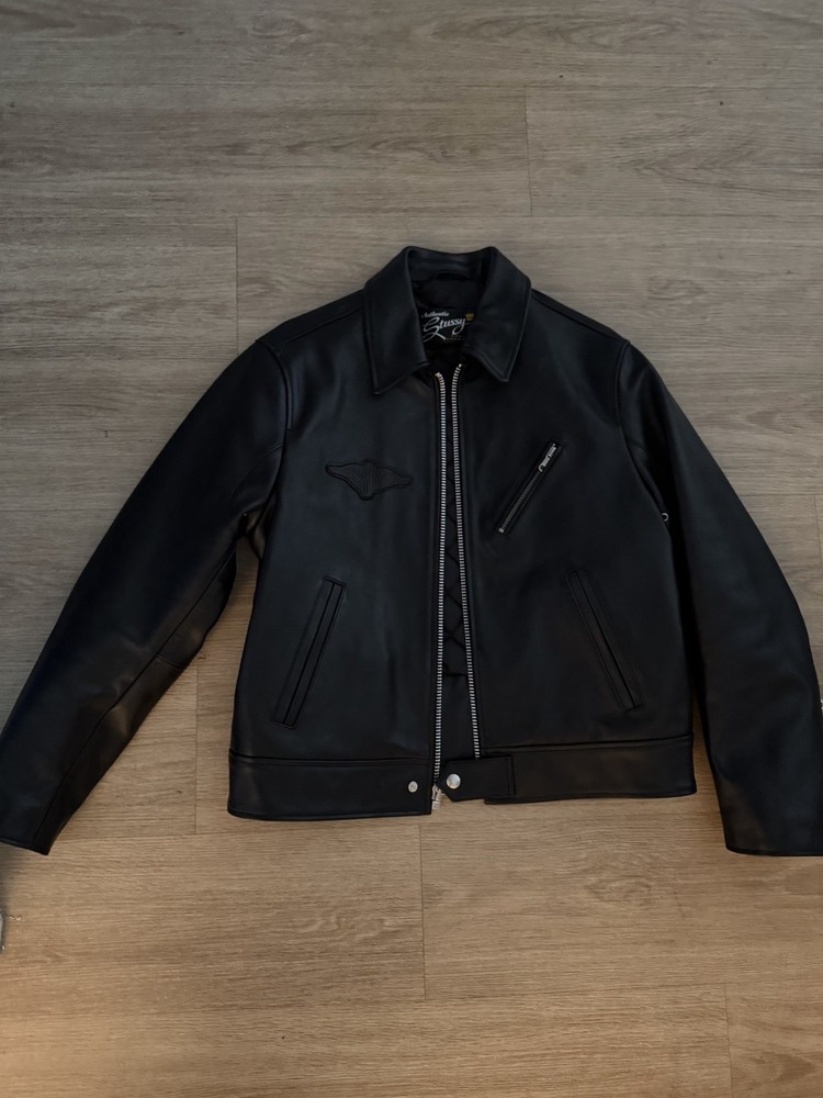 Stussy Black leather biker jacket size small