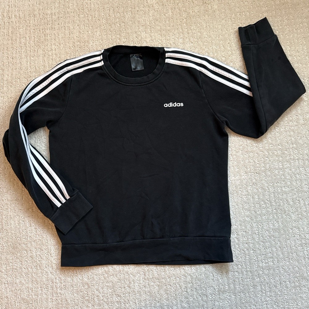 Adidas Women’s Medium Black Crewneck Sweatshirt 3-Stripes Pullover Logo