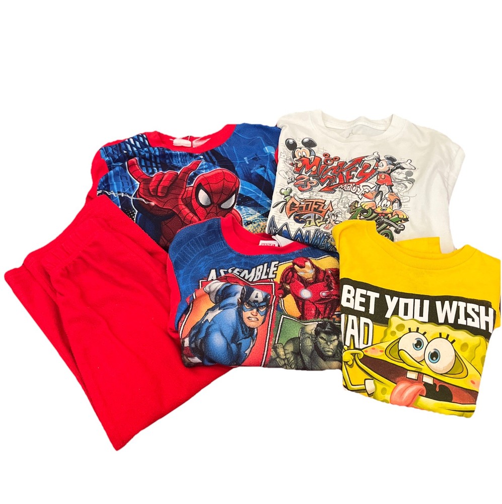 Lot Of Boys 5-7 Small Disney Spider-Man Marvel Mickey Mouse SpongeBob T-Shirts