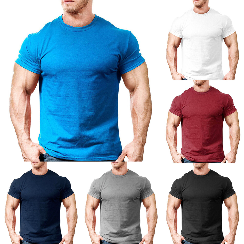 Mens Gym Fit T Shirt Plain Training Top Weightlifting Fitted Tee Muscle Fit N