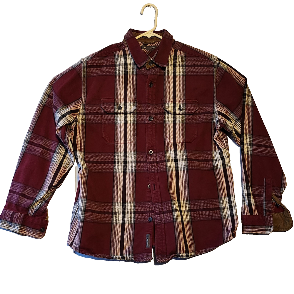 Eddie Bauer Large Mens Plaid Long Sleeve Flannel Shirt Heavyweight 46 Chest 27 Length Preowned