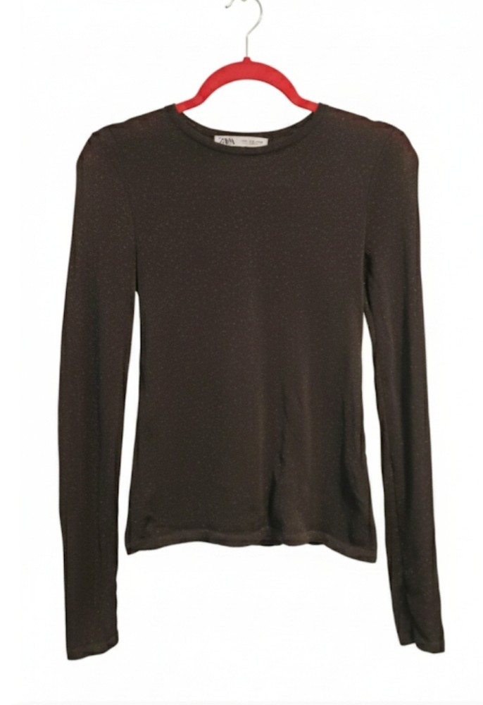 Zara Shimmer Metallic Long Sleeve Fitted Top Black Glitter Club Party Small