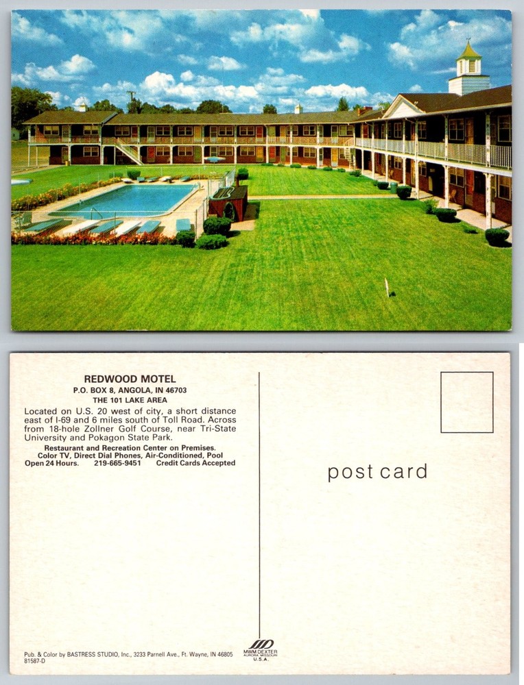 Redwood Motel Angola Indiana Swimming Pool Courtyard Vintage Postcard