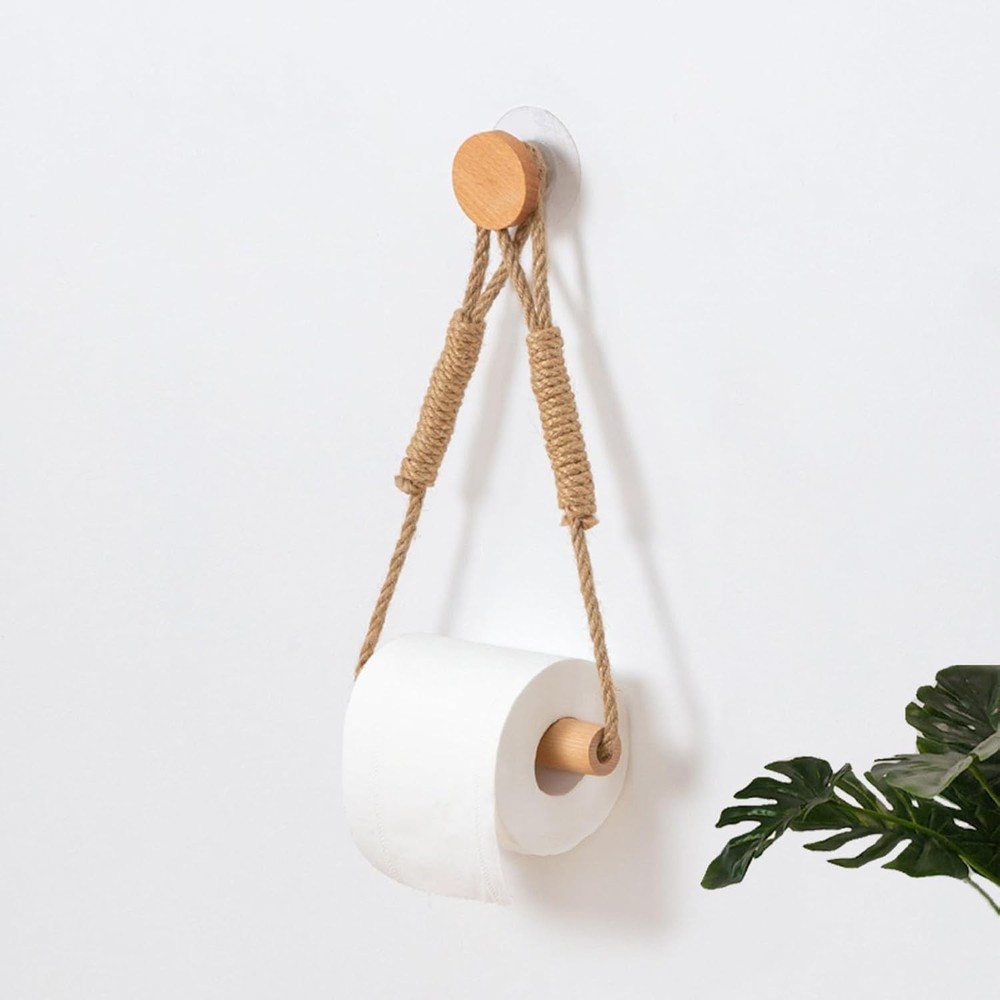 Wood & Rope Wall Toilet Paper Holder, Rustic Tissue Rolls Paper Holder