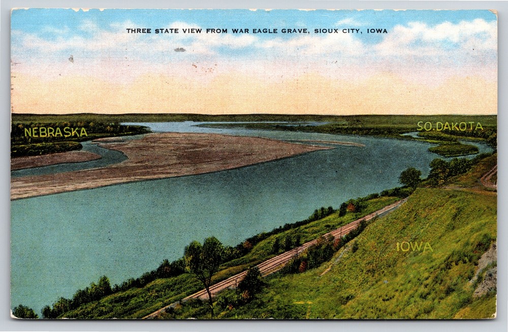 Sioux City Iowa~Three State View From War Eagle Grave~Vintage Linen Postcard