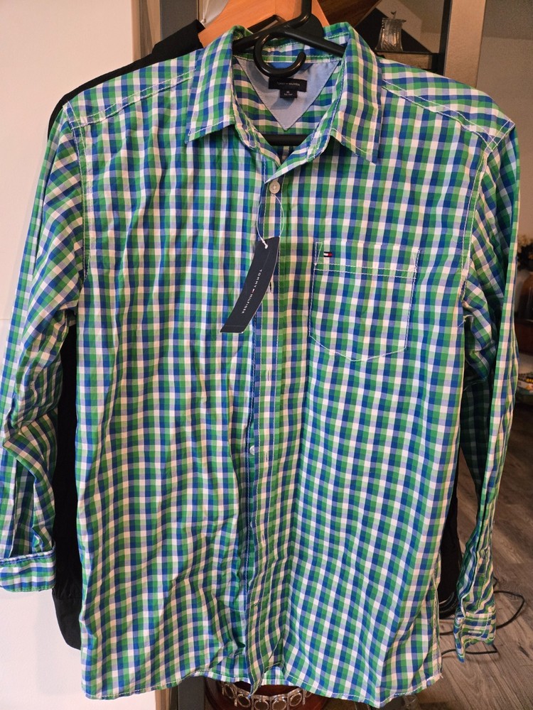 Tommy Hilfiger Boys Plaid Button Down Long Sleeve Shirt Size XL 20 Blue Green