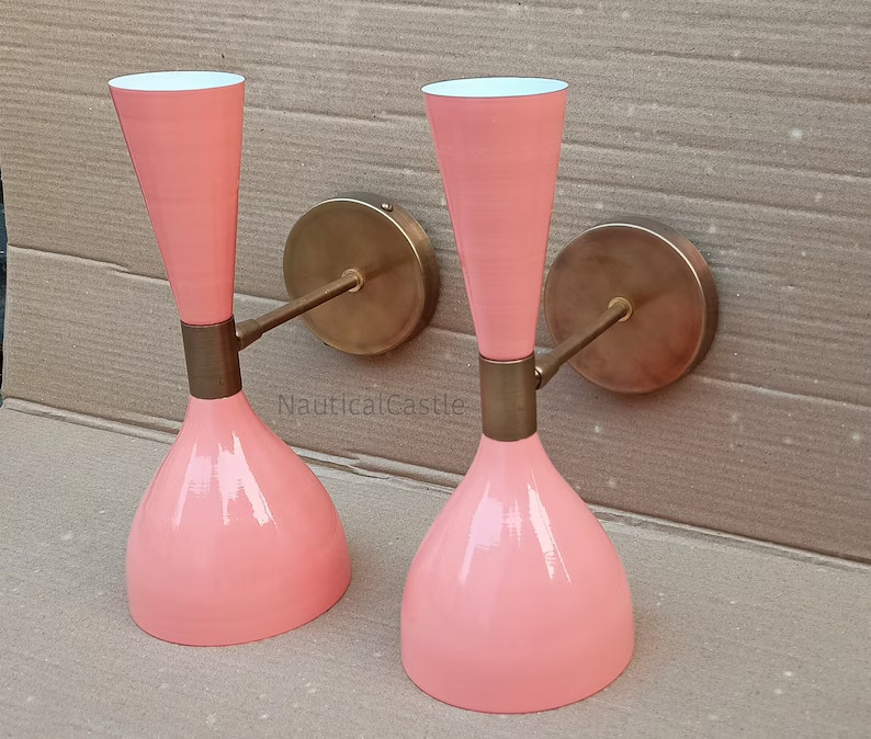 Pink Diabolo Wall Sconce Pair Brass Mid-Century Modern Wall Lamp