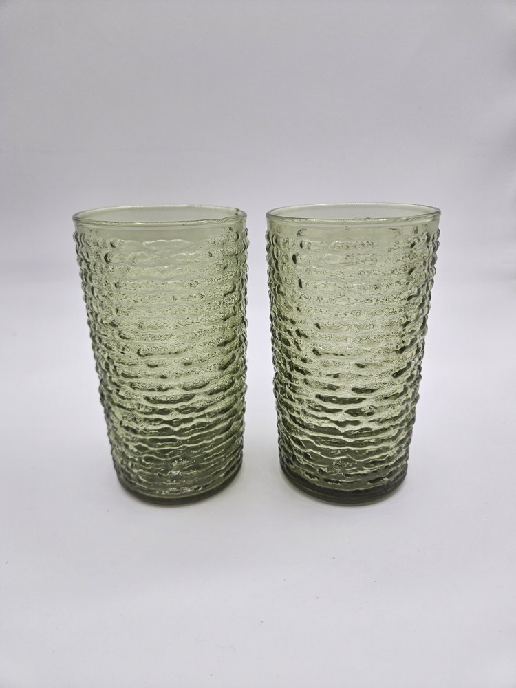 Anchor Hocking Avocado Green Soreno Highball Pressed Bark Glasses 5