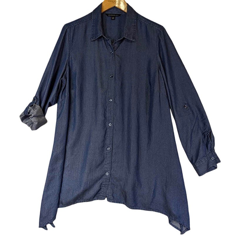 Zac & Rachel Denim Top Womens 1X Blue Button Up Tunic Roll Tab Sharkbite Hem