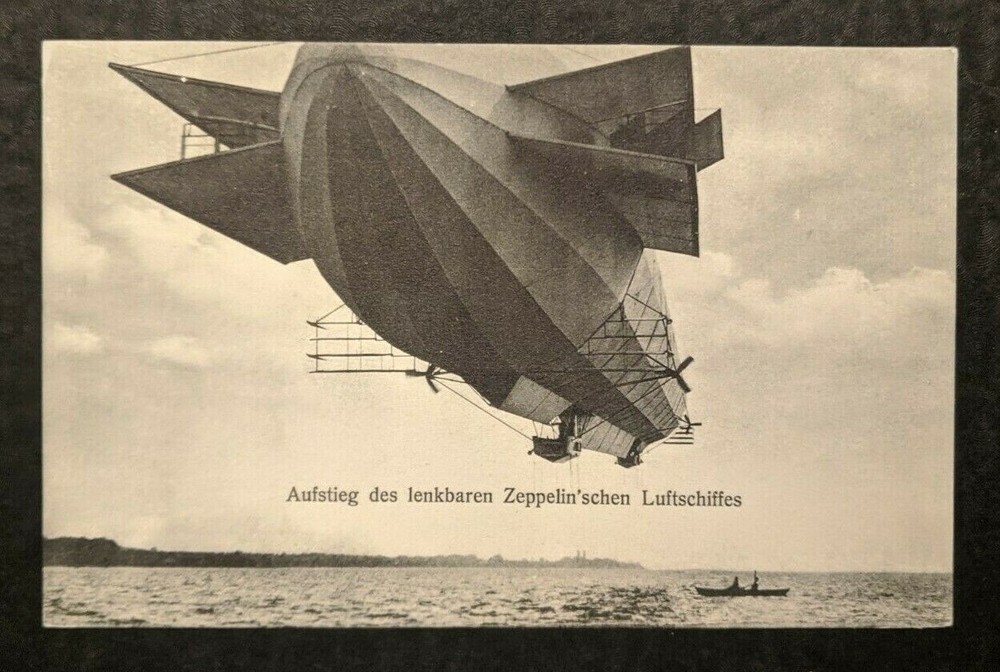 Mint Vintage Zeppelin Flying Over Small Boat Germany Real Picture Postcard RPPC