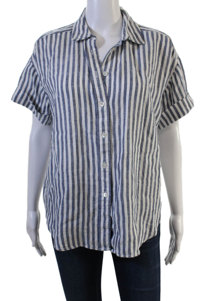 J Crew Womens Blue Linen Striped Collared Short Sleeve Button-Up Size XSFree Shipping in US $100+ Orders | $6.95 Orders Below