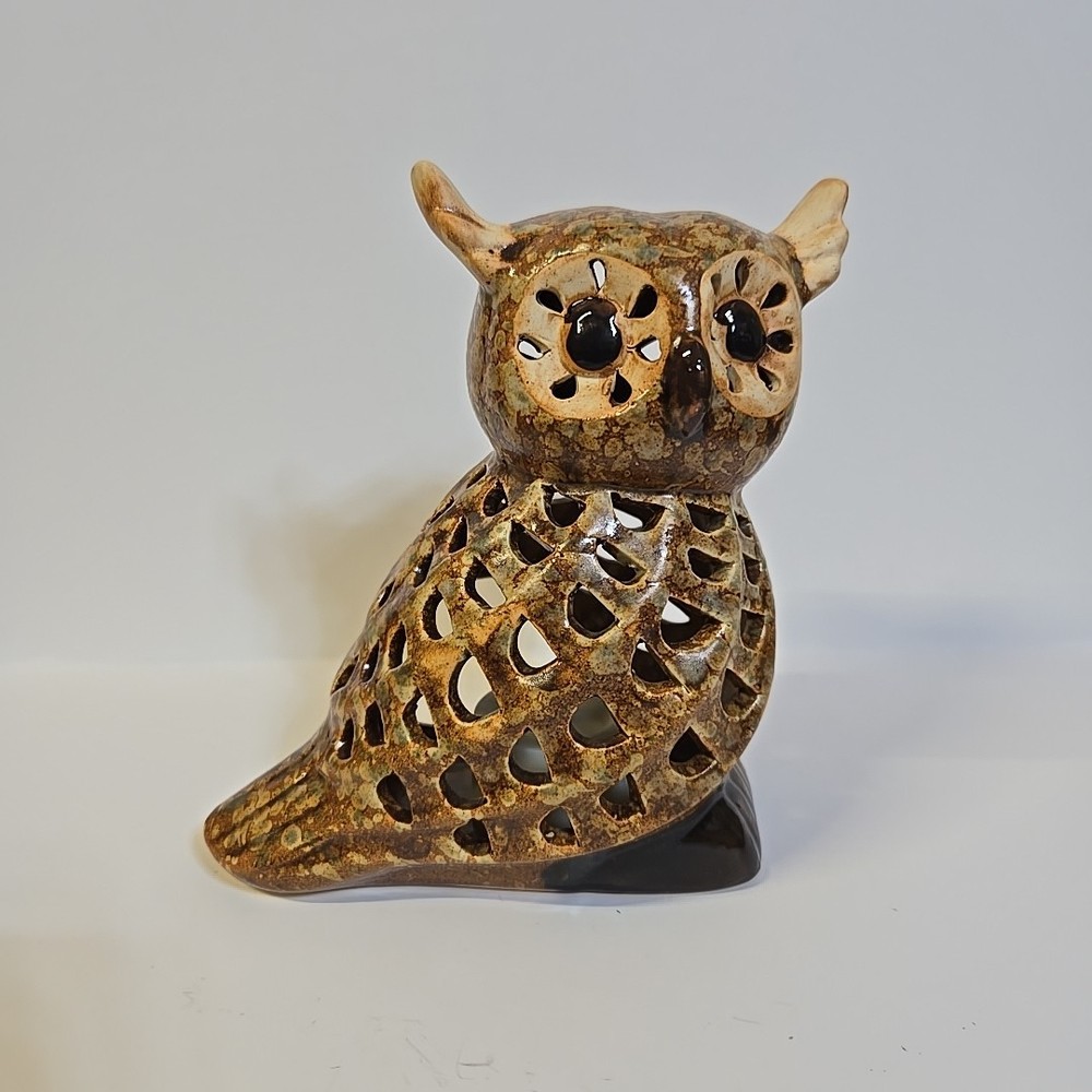 Owl Luminary Candle Holder Lantern Light Great Horned Barn Brown Ceramic 5.5