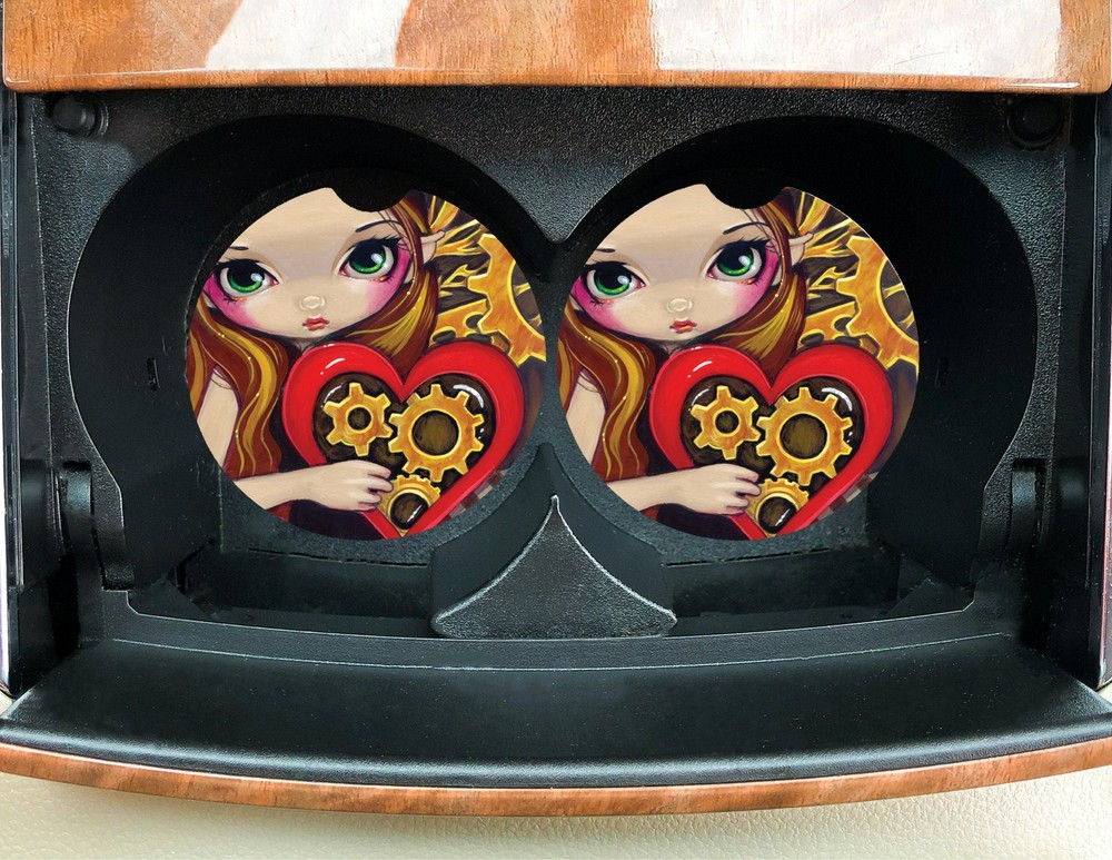 Car Coasters Clockwork Valentine Steampunk Heart Fairy with Butterfly Jasmine
