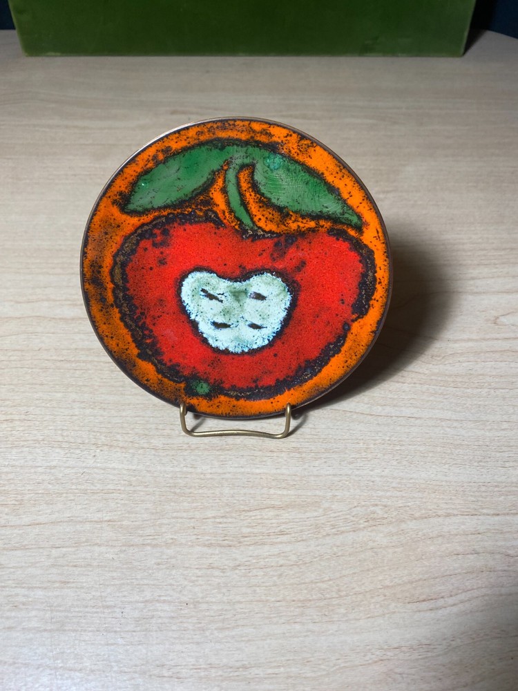 Vintage Enamel On Copper small Plate Abstract apple art with stand-image
