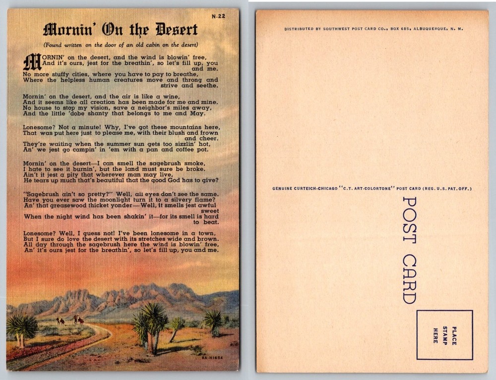 Mornin' On The Desert Art-Colortone Postcard - Southwest Landscape Poem