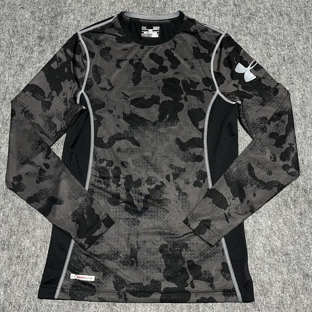 Under Armour Heat Gear Camo Shirt Mens Small Long Sleeve Fitted Black Gray