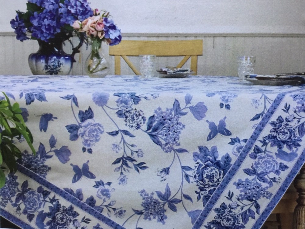 APRIL CORNELL Eden Flower Tablecloth Cotton 60” x 84” Blue & White NEW With Tag