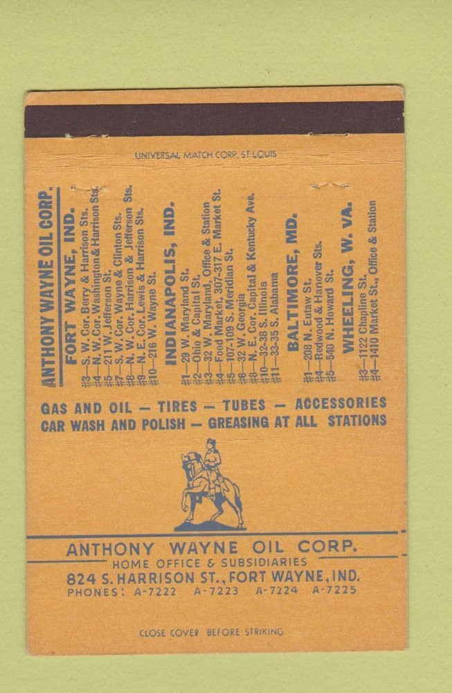 Matchbook Cover - Anthony Wayne Oil Fort Wayne IN Indianapolis  40 Strike
