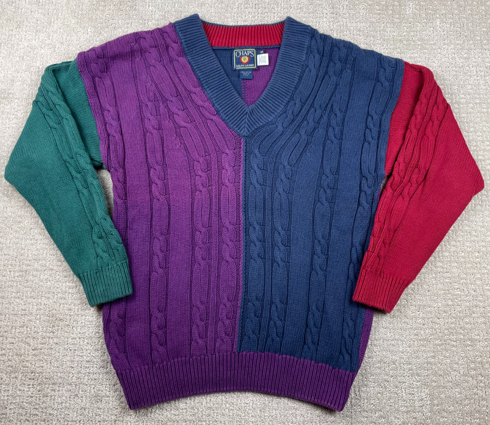 Vintage Chaps Ralph Lauren Sweater Mens M Colorblock Cable Knit V Neck USA 90s