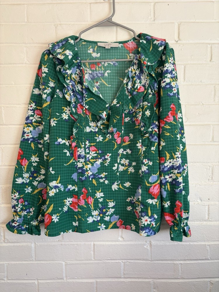 Loft Green Floral Bouquet Ruffle Tie Neck Long Sleeve Blouse Top Women’s Small