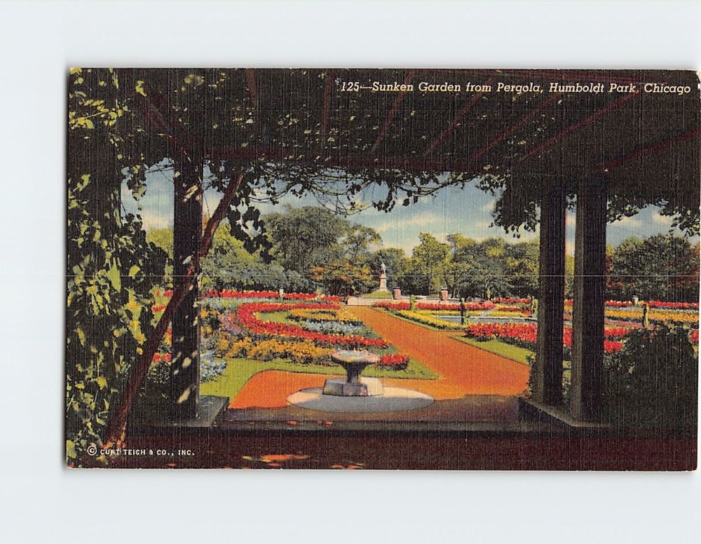 Postcard Sunken Garden from Pergola Humboldt Park Chicago Illinois USA