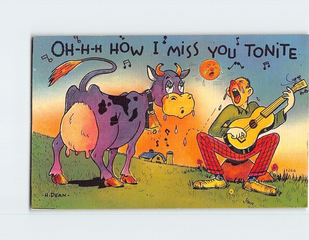 Postcard Oh How I Miss You Tonite Man Singing & Cow Comic Humor Card