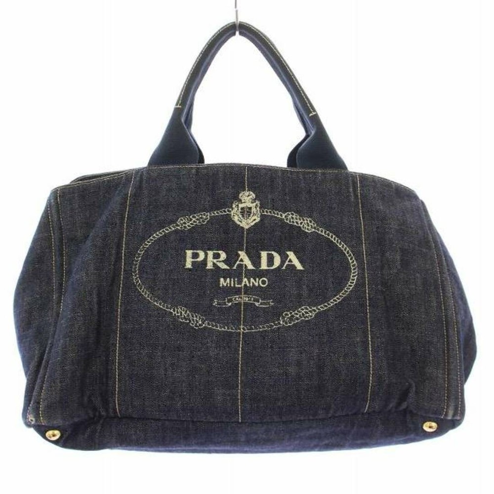 RARE PRADA Canapa L Tote Bag Denim Indigo Logo Handbag