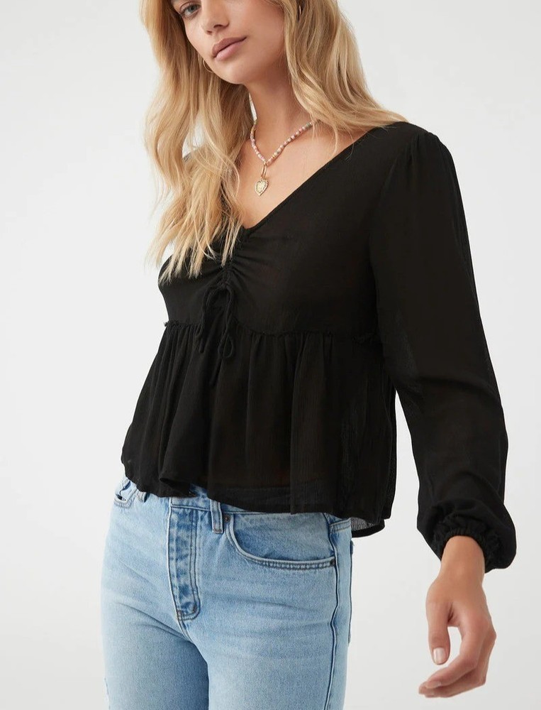 O’NEILL Carlotta Top Sz M Black Front Tie Balloon Sleeve VNeck Viscose Woven