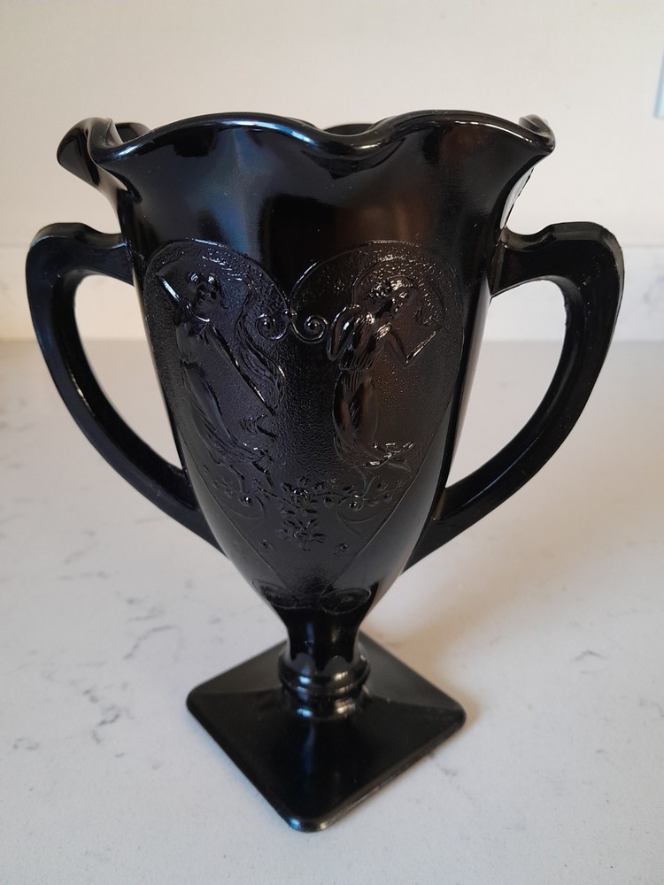 Vintage 1930s LE Smith Black Amethyst Vase Art Deco Glass Dancing Nymphs EUC