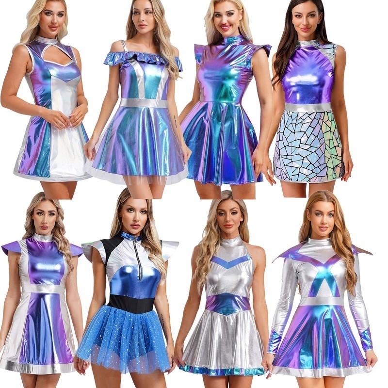 Women's Halloween Space Fighter Alien Cosplay Costume Metallic Holographic Dress