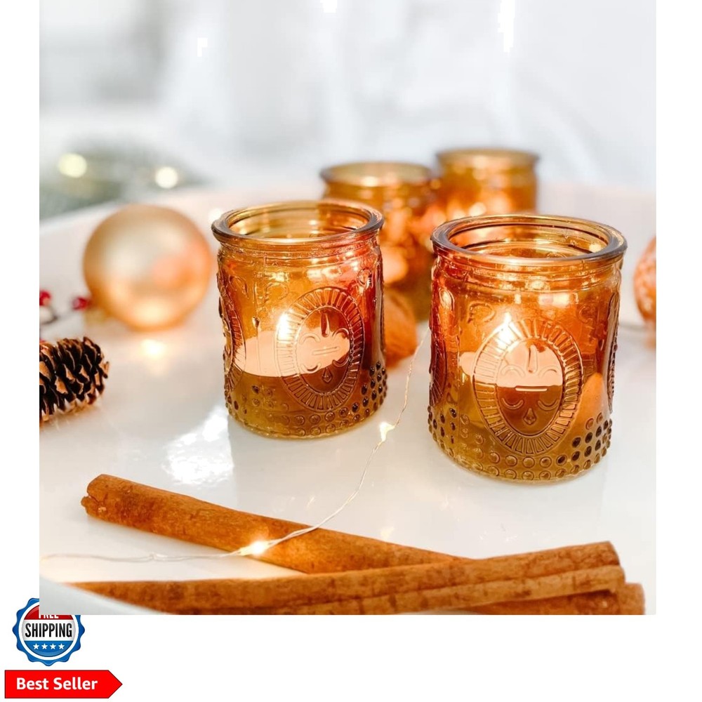 Vintage Amber Glass Tea Light Candle Holders Set of 4 - Votive Holders for Ho...