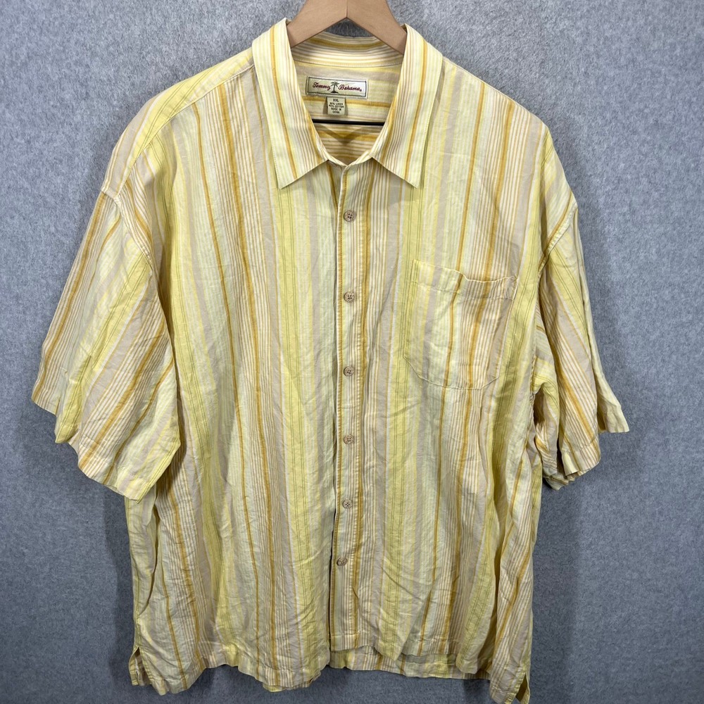 Tommy Bahama Button Up Shirt Mens XXL Yellow Striped Linen Blend Short Sleeve EC