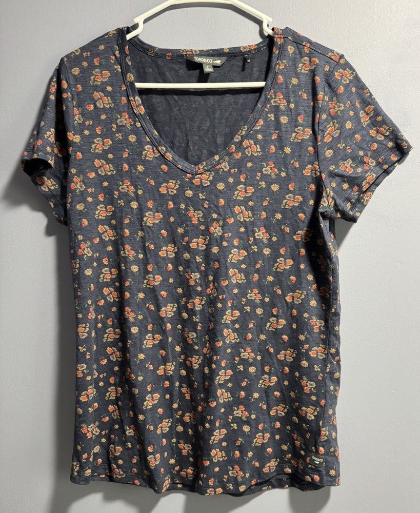 Toad & Co Women’s Size L Blue Floral Short Sleeve V-Neck T-Shirt