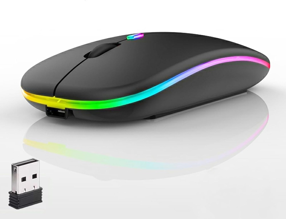 LED Wireless Mouse, Slim Silent Dual-Mode 2.4G+BT Rechargable 7-Color black