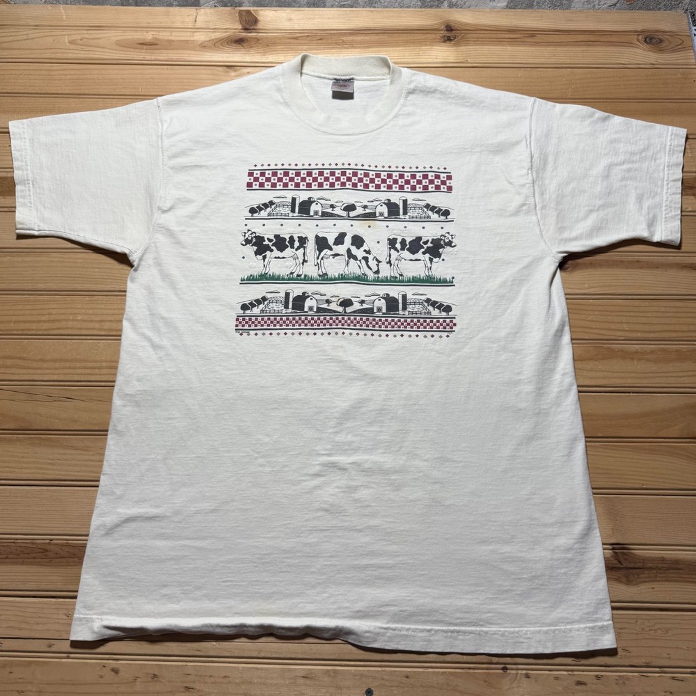 Vintage 90s Cow Farm Checkerboard Graphic T-Shirt USA Made Men's Size XL - Stain