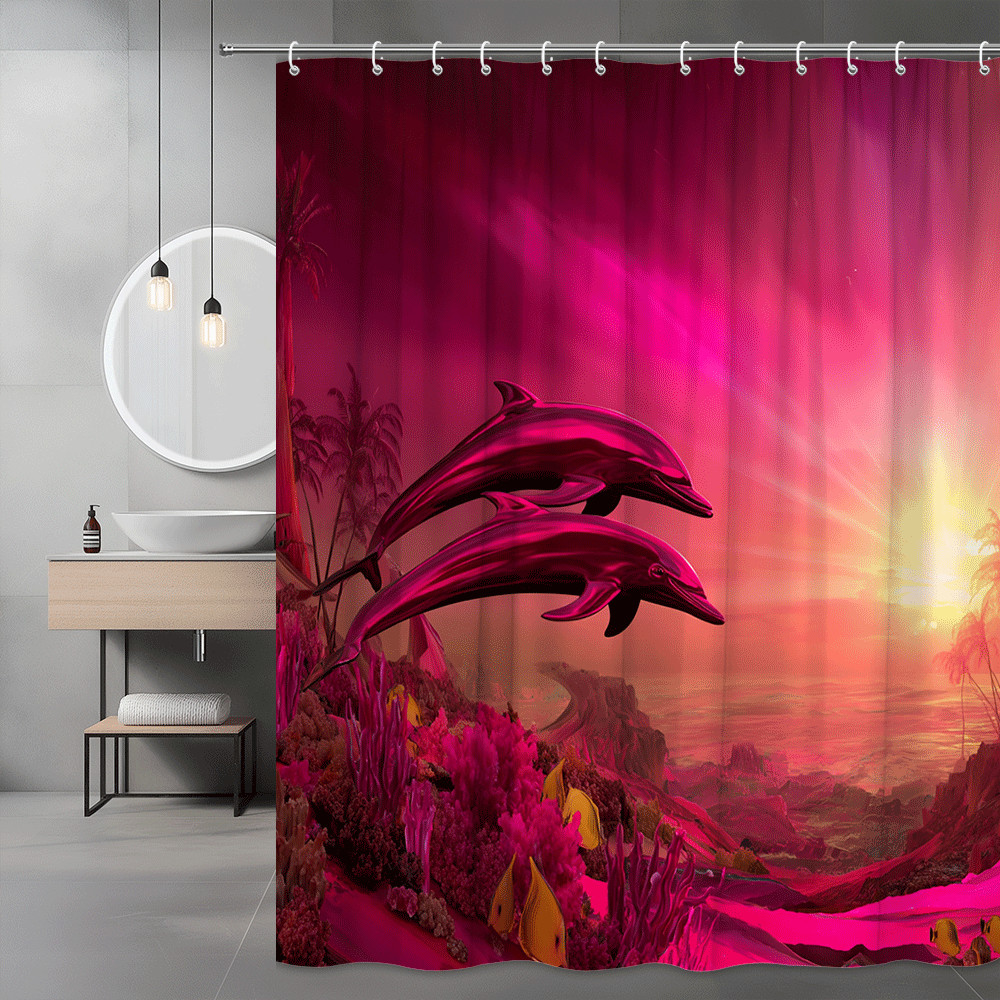 Pink Dolphin Sunset Shower Curtain Ocean Graphic