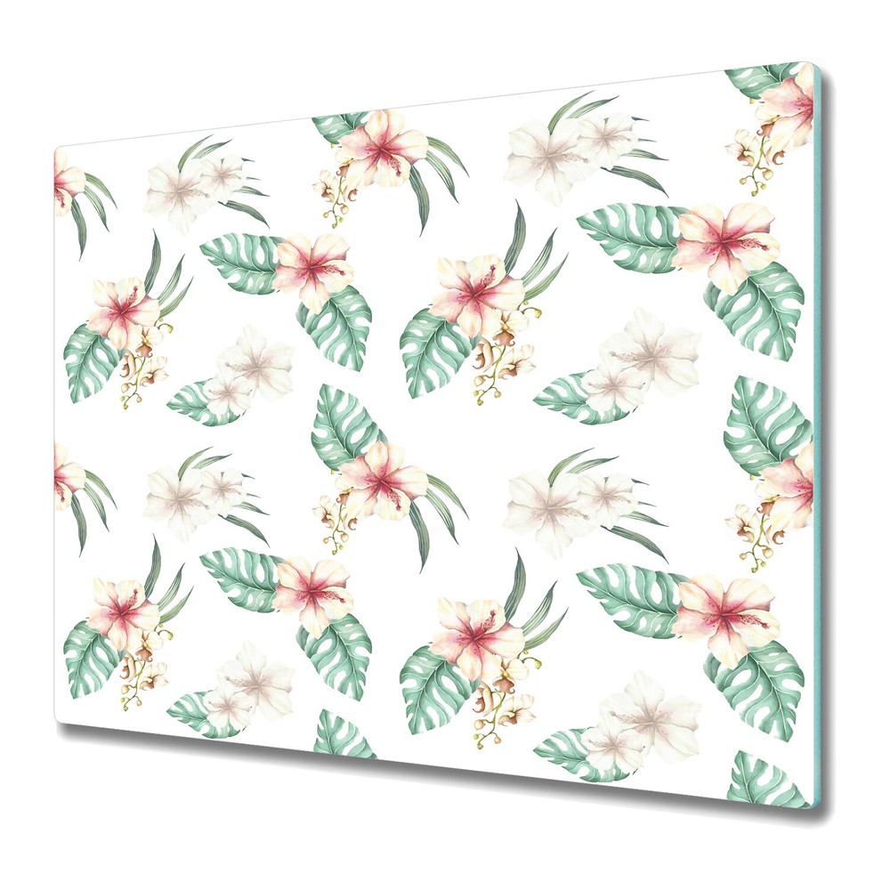 Glass Worktop Kitchen Chopping Board Hawaiian Flowers Tropical Leaves Palm 60x52