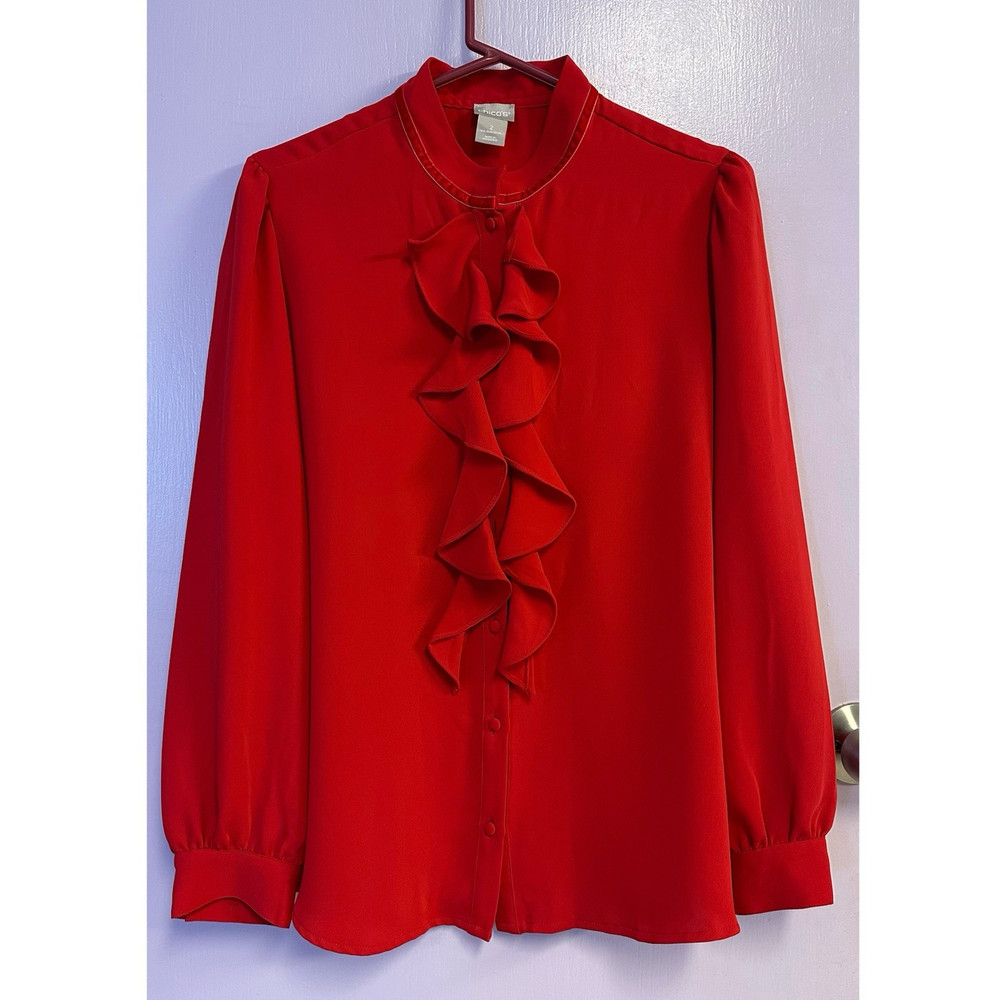 Chico's Red Ruffle Mock Neck Long Sleeve Blouse 100% Polyester Size 2