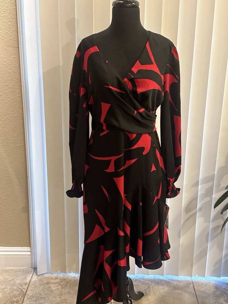 DKNY Women's Black and red Asymmetric MIDI Dress Size 2/ org $134