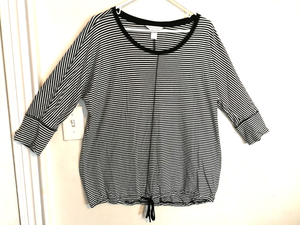 Christopher & Banks Womens Blouse L Black White Striped Shirt Top 3/4 Sleeve