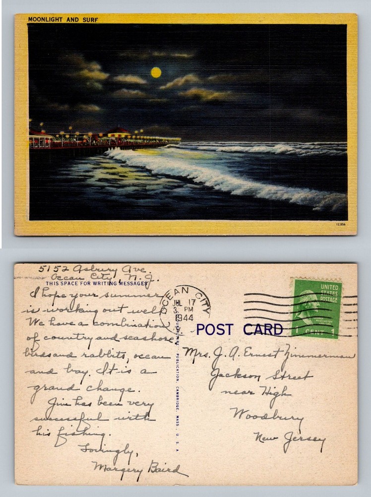 Ocean City, NJ-New Jersey, Moonlight And Surf Night Scene Vintage c1944 Postcard