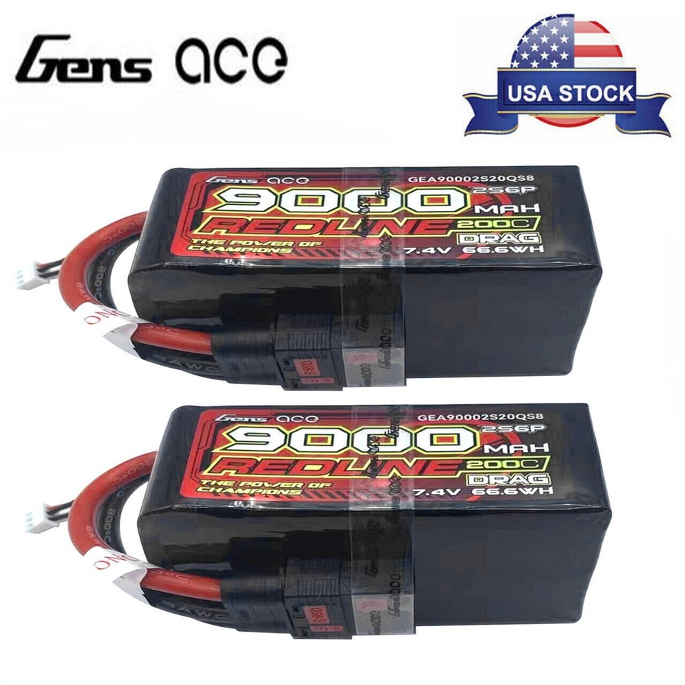 2x Gens Ace Redline 9000mAh 7.4V 200C 2S RC Lipo Battery QS8 For Traxxas Drag-image