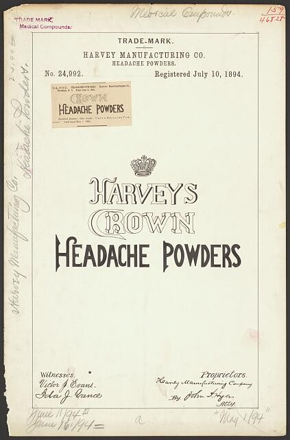 Photo:Harvey Manufacturing Co. for Harveys Crown brand Headache Powders