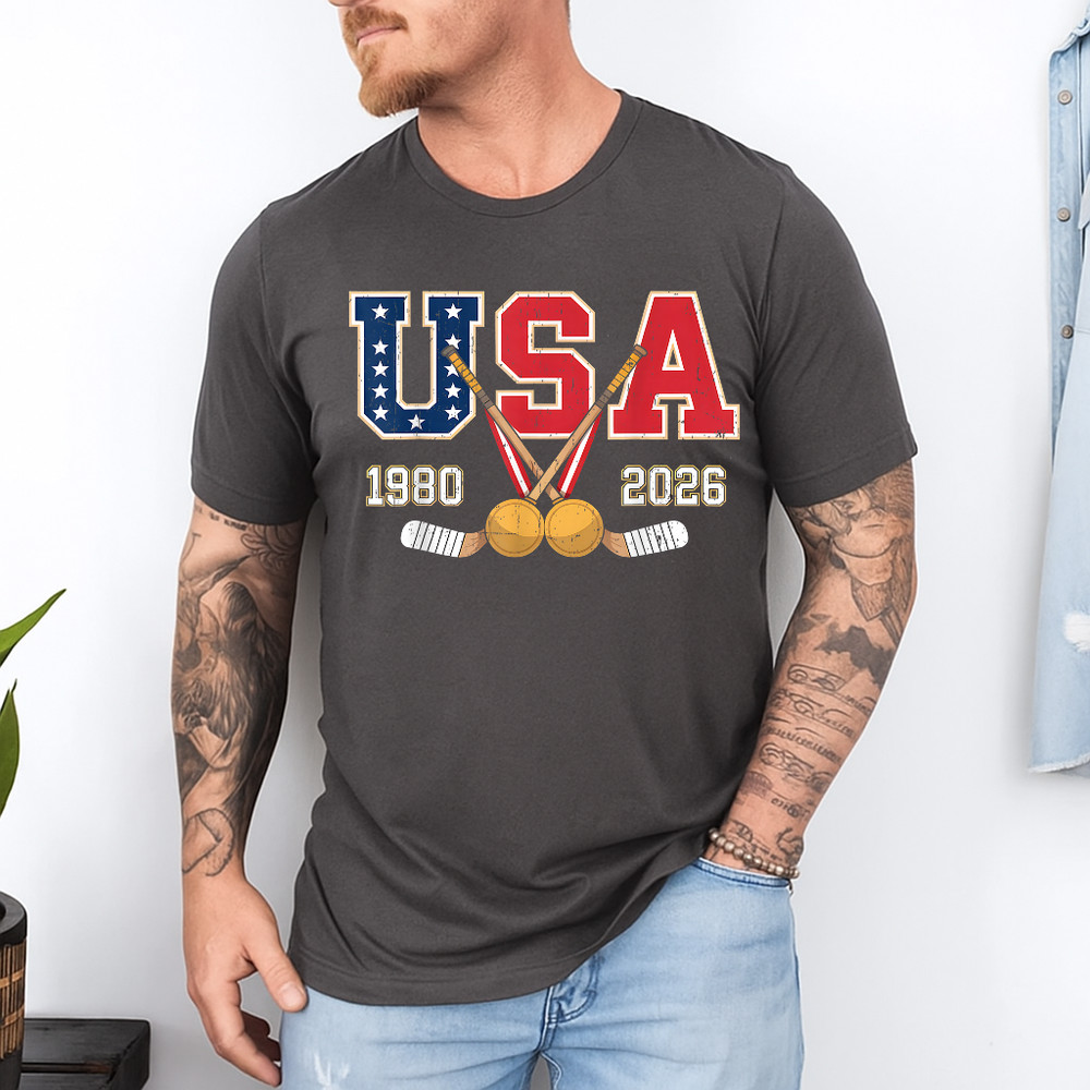 1980 and 2026 Hockey Vintage USA Crossed Sticks Patriotic T-Shirt