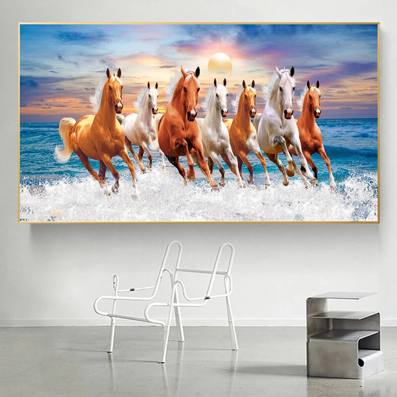 Seven Horses Running Canvas Painting Wall Art Sunrise Horse Canvas Poster Prints