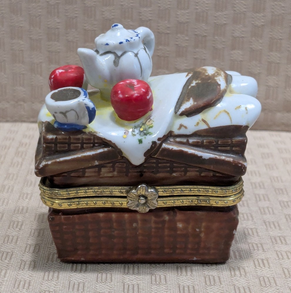 Vintage Picnic Basket Trinket Box w Tea Pot Cup Apples Bread-Hinged-Porcelain