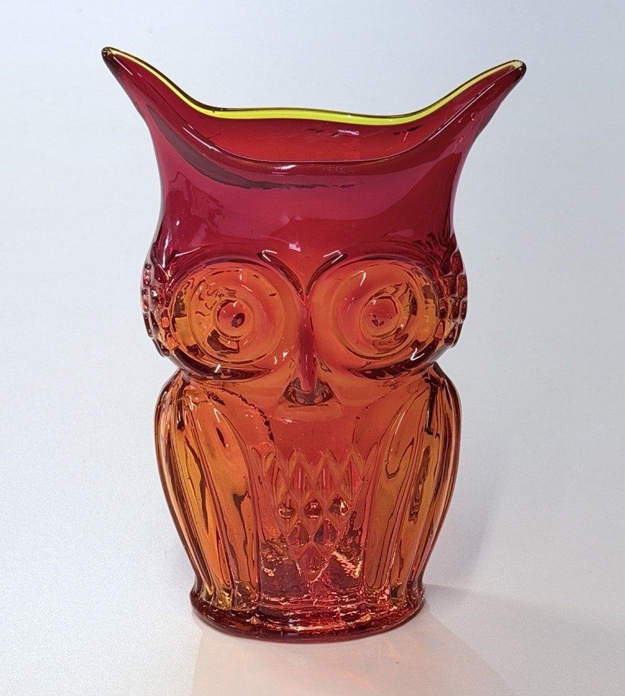 Vintage Viking Persimmon Amberina MCM Glass Owl Vase Hand Blown Red Orange GLOWS