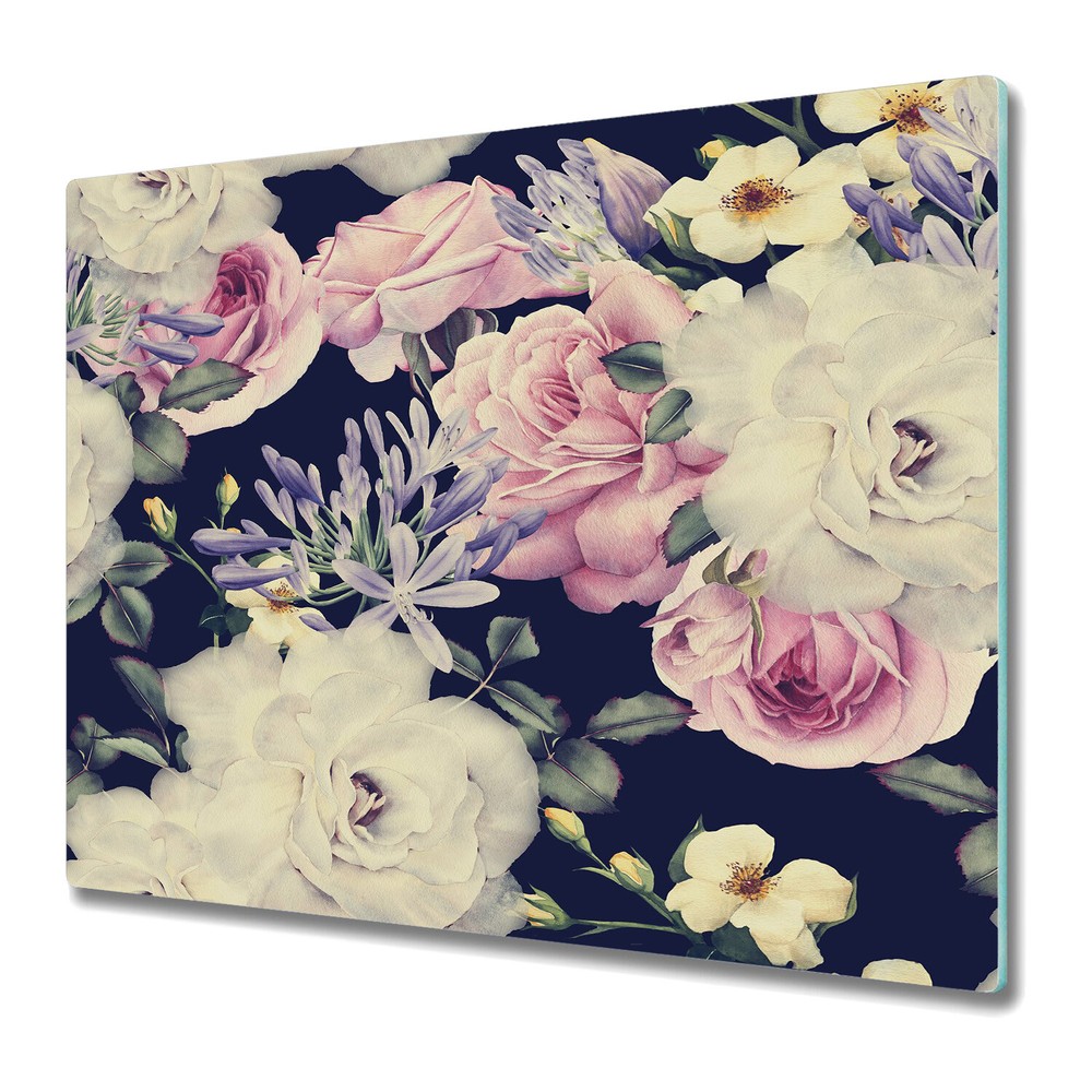Glass Surface Protector Dark Floral | White & Pink Roses | Vintage Flowers 60x52