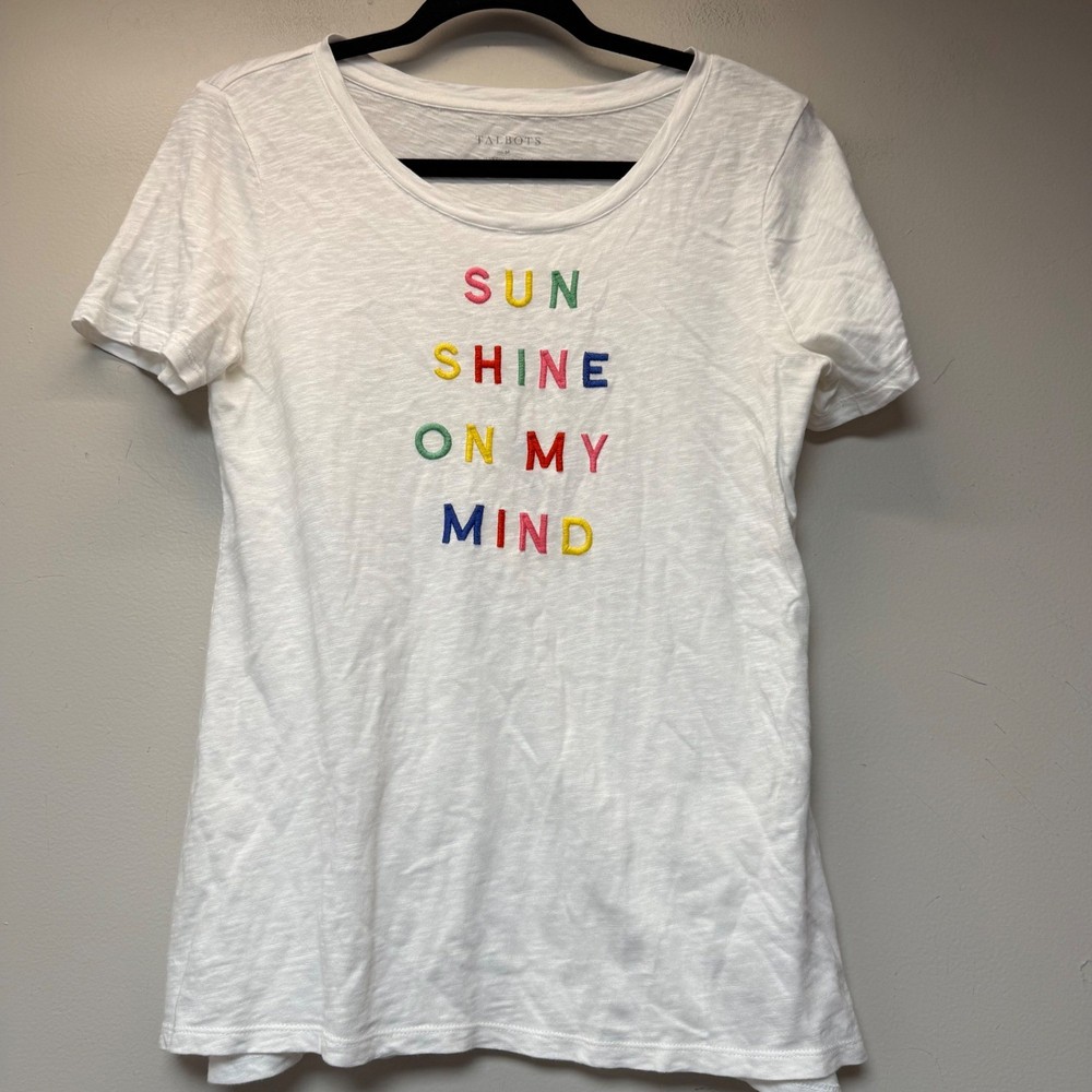 Talbots Graphic T-Shirt Womens Medium White Excellent Sunshine Slub Cotton Tee